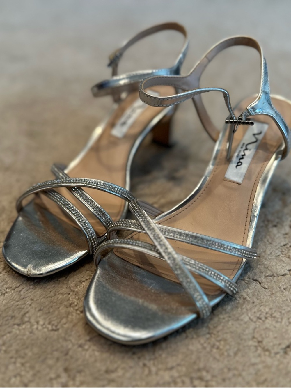 Nina Metallic Silver Strappy Block-Heel Sandals